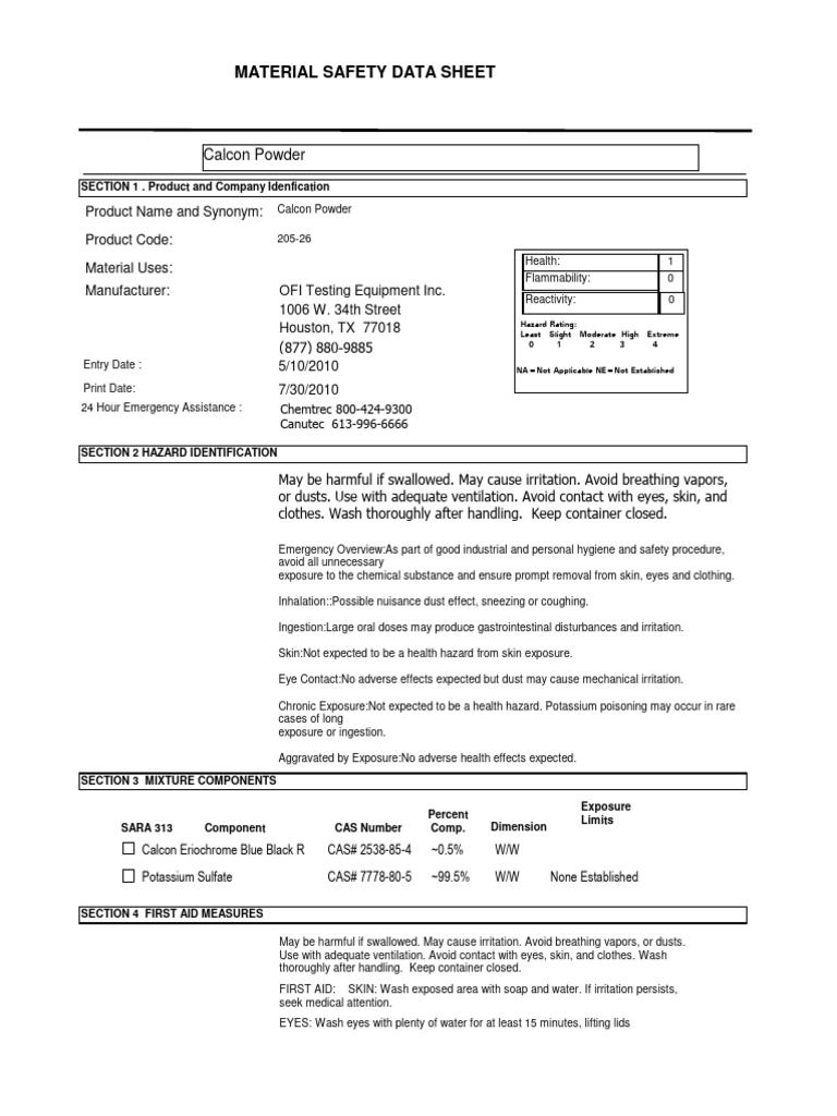 Calcon Powder Safety Data Sheet | PDF | Personal Protective Equipment ...