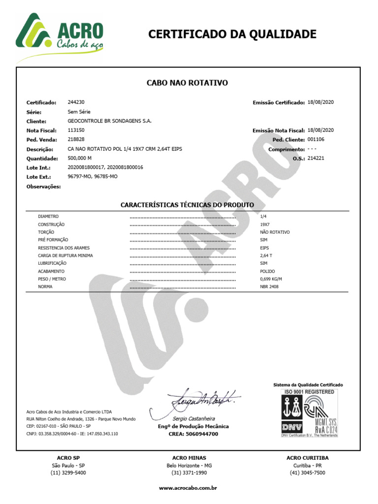Certificado Da Qualidade Cabo 6 4mm Pdf