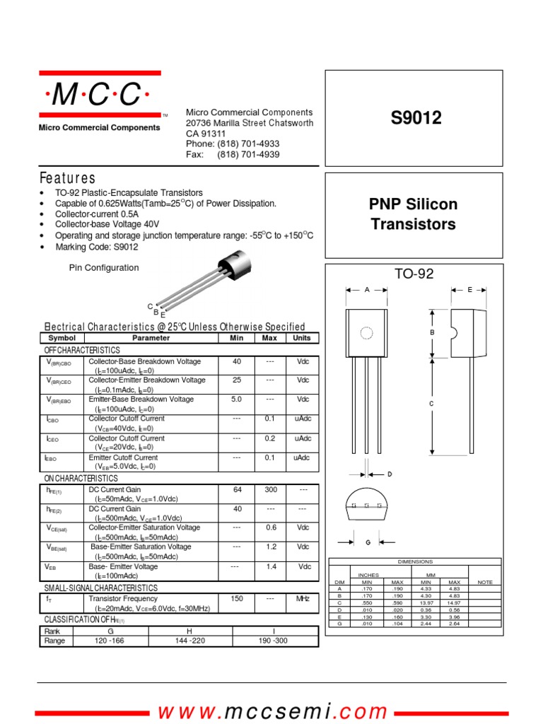 S9012 PNP Silicon Transistor Specs | PDF