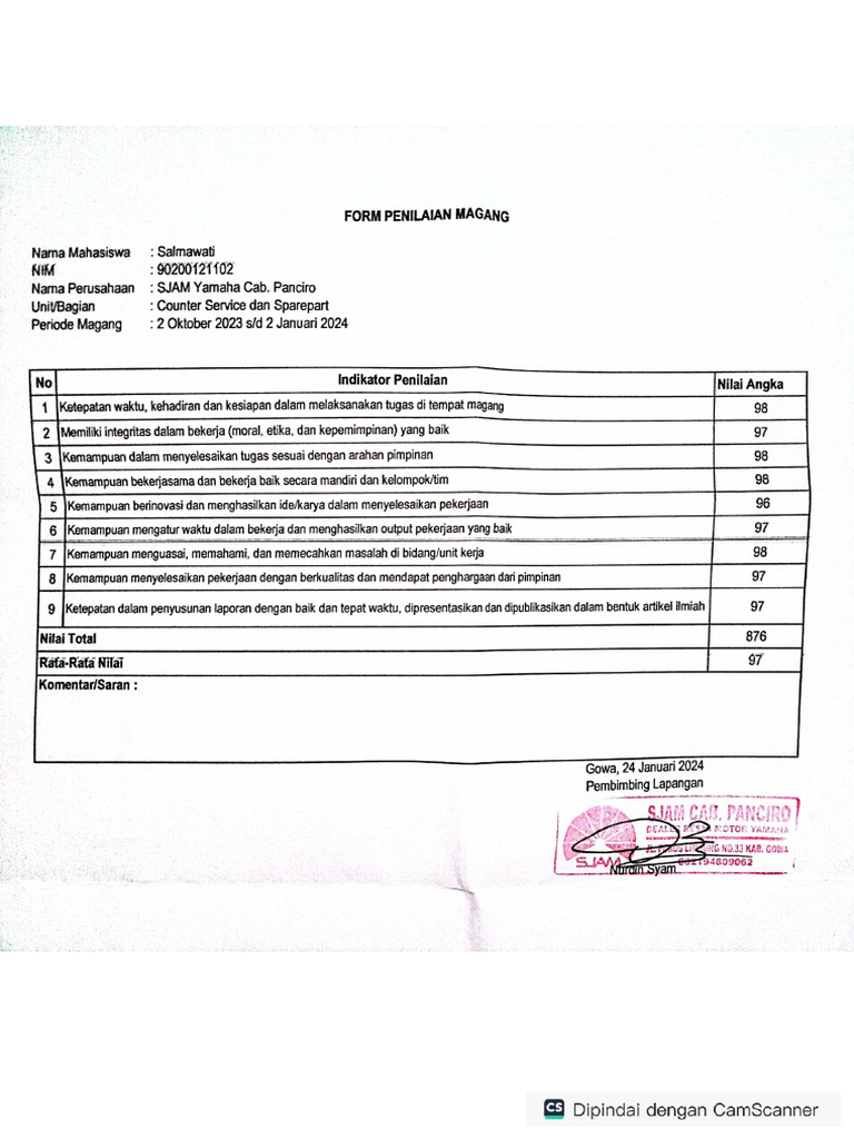 Form Penilaian Magang | PDF