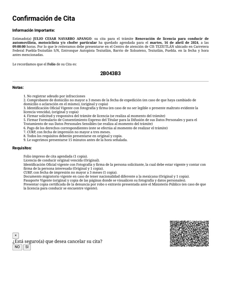 Confirmación de Cita para Licencia | PDF