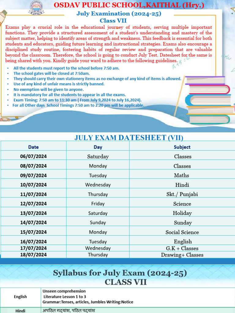 Class 7 July Exam Date Sheet 2024 | PDF | Learning | Behavior Modification