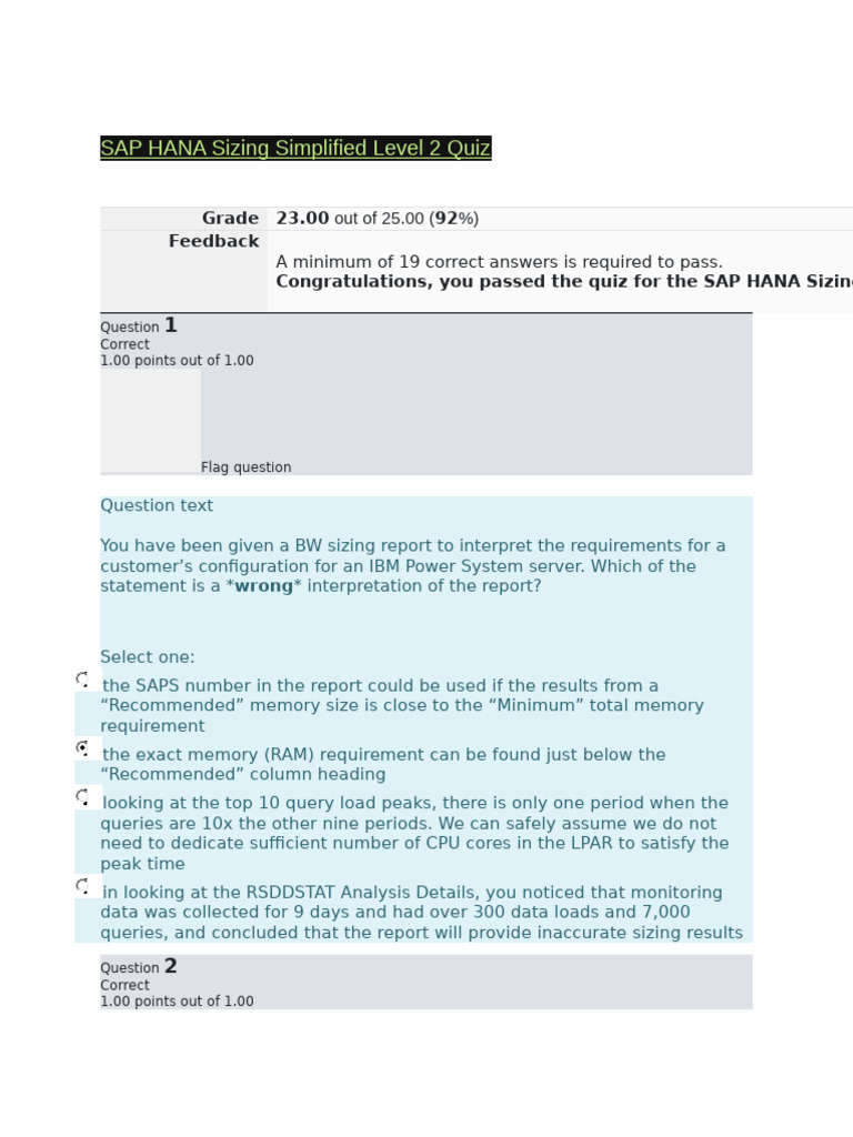 Sap hana sizing simplified level 2 quiz docx 1 pdf