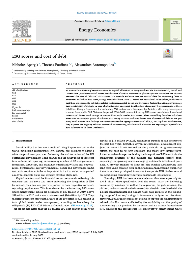 ESG Scores Impact on Cost of Debt | PDF | Bonds (Finance) | Economies