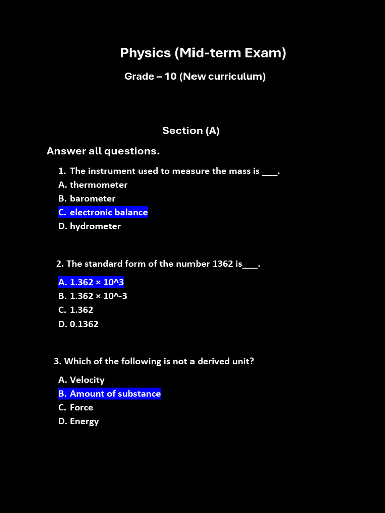 Grade 10 Physics Mid-term Exam Guide | PDF | Force | Velocity