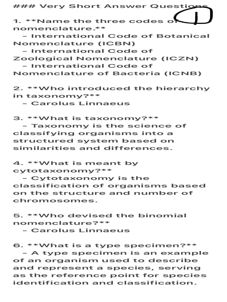 Very Short Answer Questions | PDF | Taxonomy (Biology) | Species