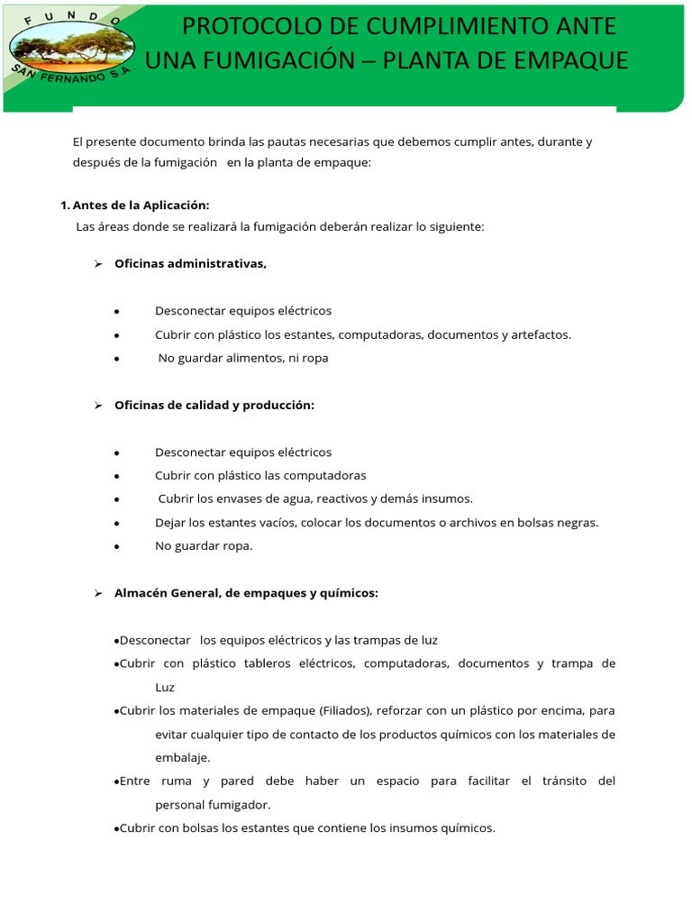 Protocolo de Fumigación en Planta de Empaque | PDF | Agua | Detergente