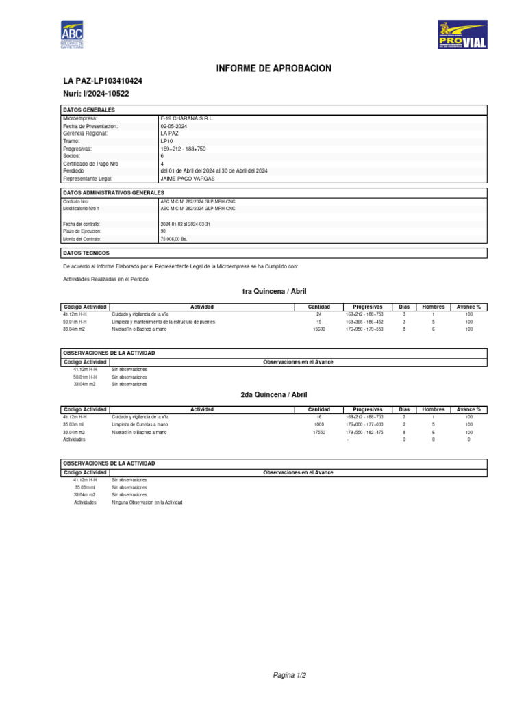 Informe de Aprobación de Pago LP10 | PDF