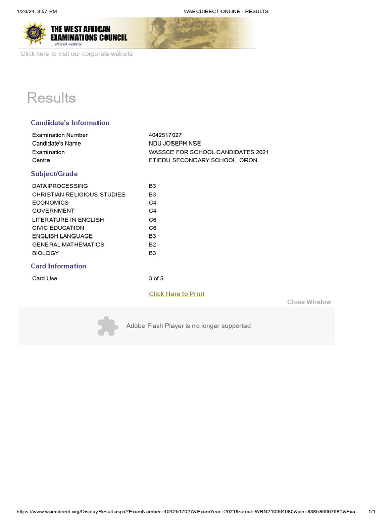 WASSCE 2021 Results for Ndu Joseph | PDF