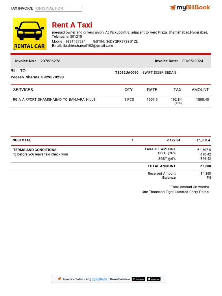 Taxi Invoice for Yogesh Sharma | PDF
