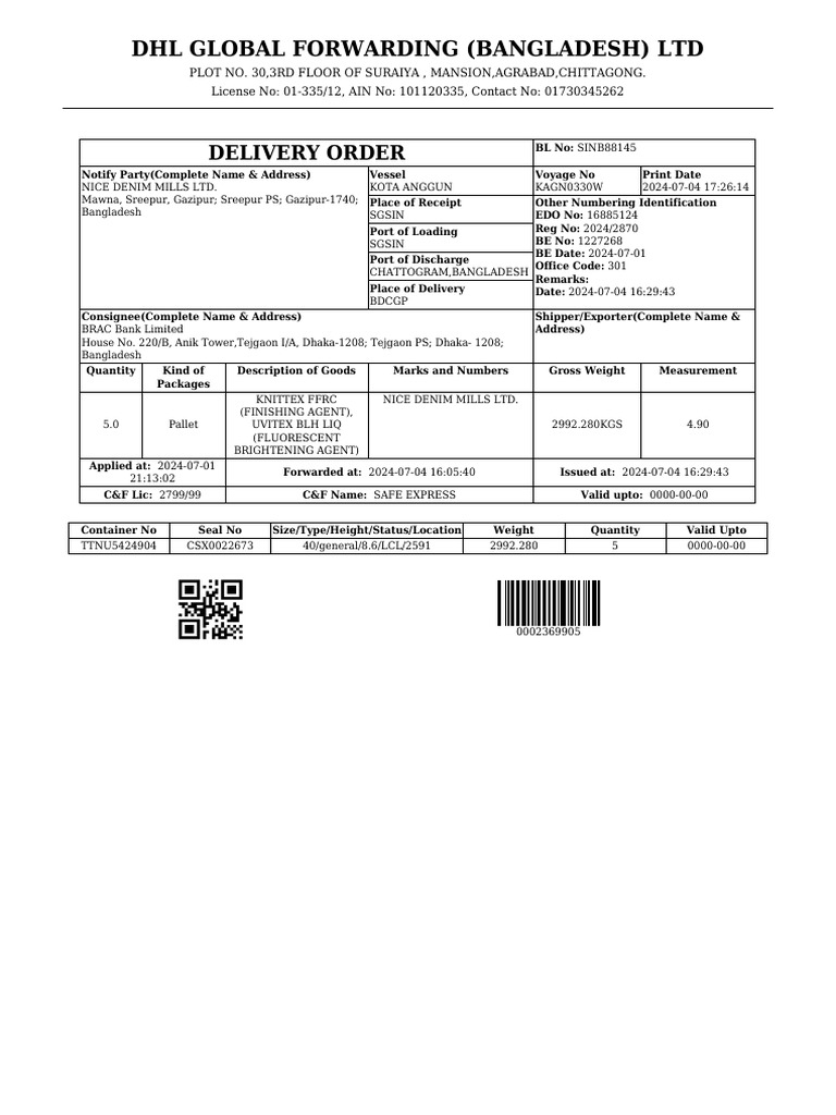 DHL Delivery Order for Nice Denim Mills | PDF | Freight Transport ...