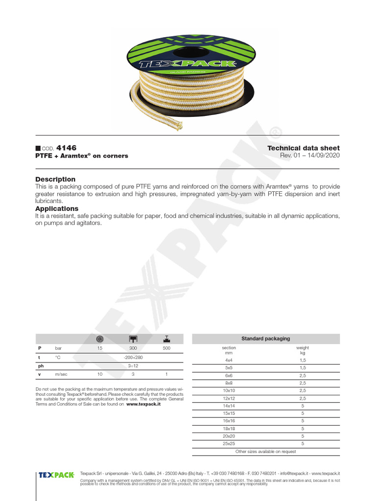 PTFE Packing Technical Data Sheet | PDF | Materials