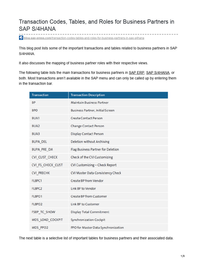 Transaction Codes Tables and Roles For Business Partners in SAP S4HANA