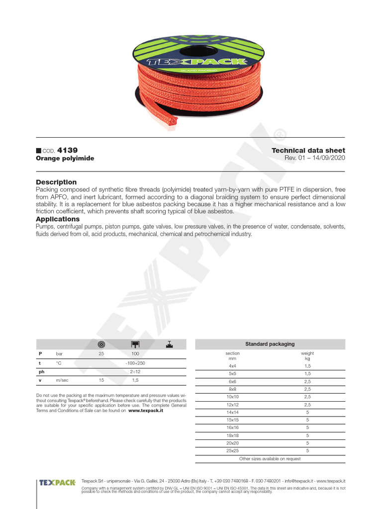 4139 Poliimide Arancione Data Sheet en | PDF | Pump | Lubricant