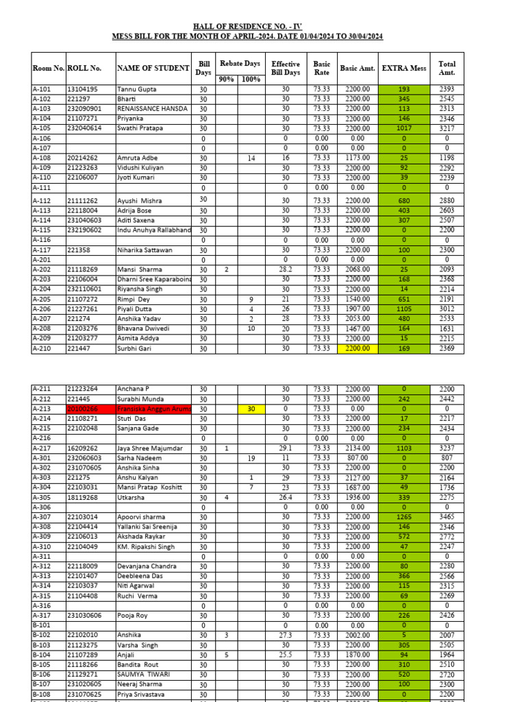 April 2024 Mess Bill Summary | PDF