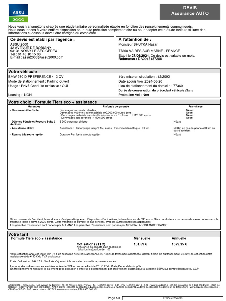 Devis Assurance Auto ASSU 2000 | PDF | Assurance | Véhicules