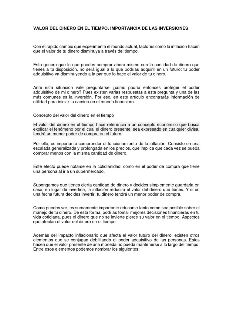 Valor Del Dinero en El Tiempo Importancia de Las Inversiones | PDF ...
