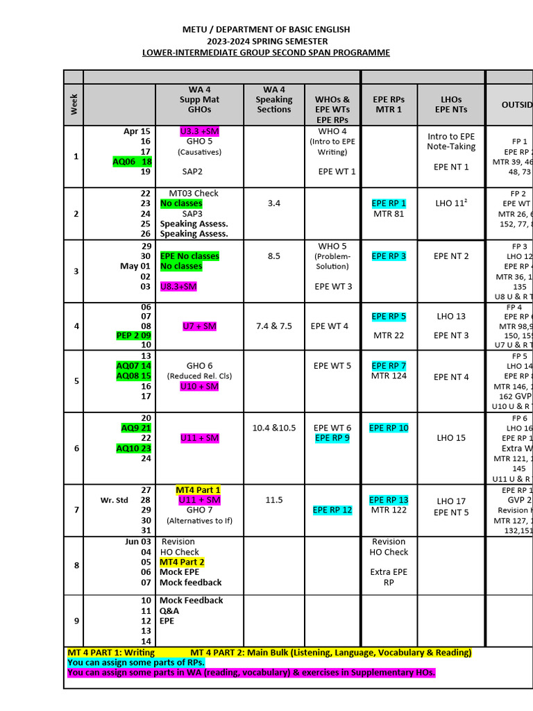 METU Basic English Spring 2024 Schedule | PDF | Linguistics