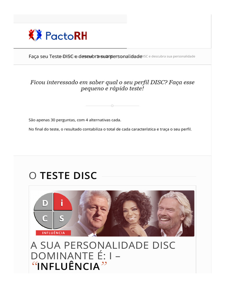 Faça Seu Teste Disc E Descubra Sua Personalidade Pacto Rh Pdf