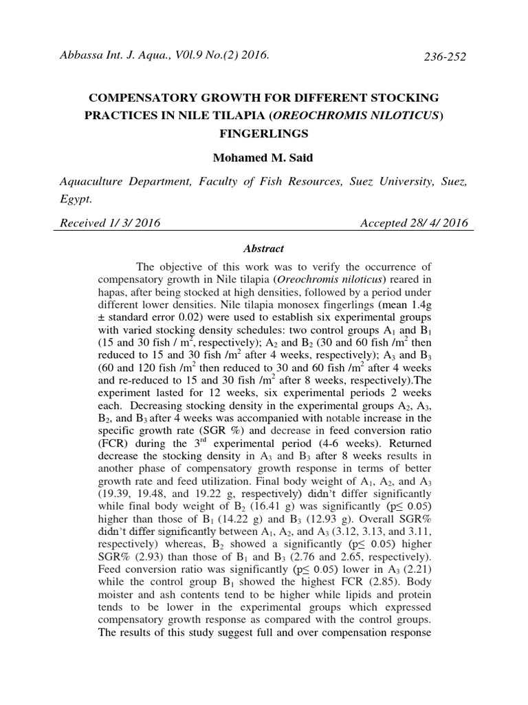 Compensatory Growth in Nile Tilapia | PDF | Experiment | Analysis Of ...