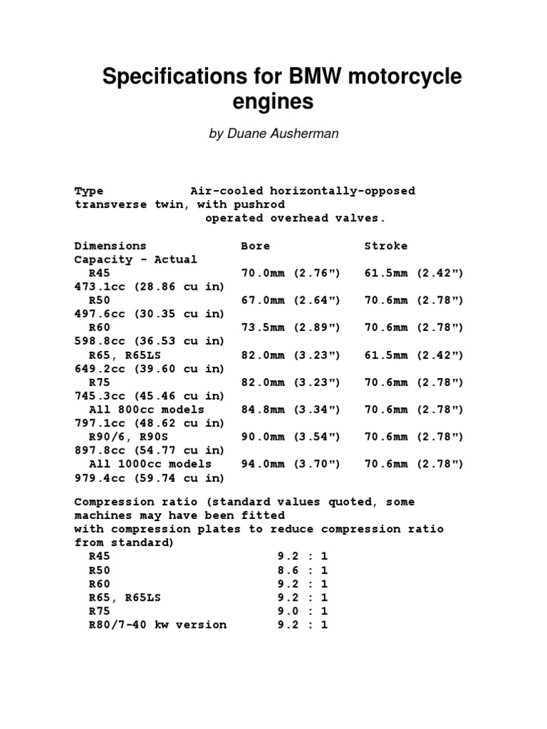 Specifications For BMW Motorcycle Engines | PDF | Piston | Engines