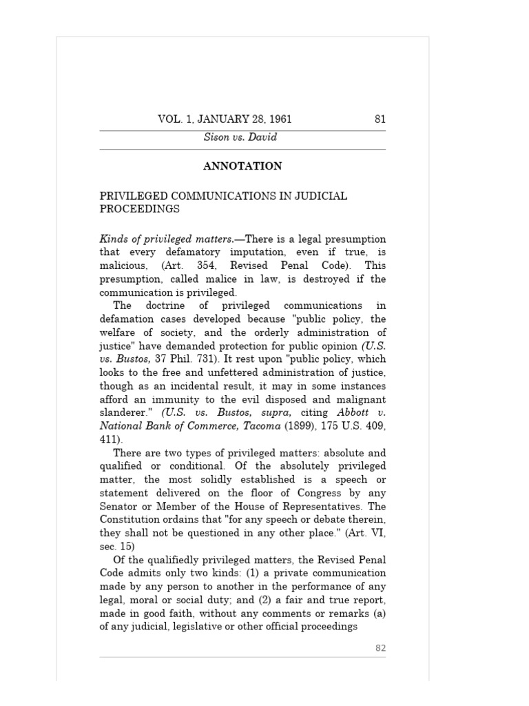 ANNOTATION Privileged Communications in Judicial Proceedings, 1 SCRA 81 ...