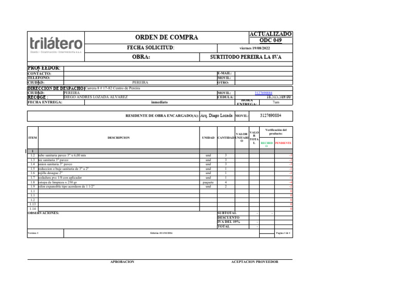 Orden Pedido Material 0049 | PDF