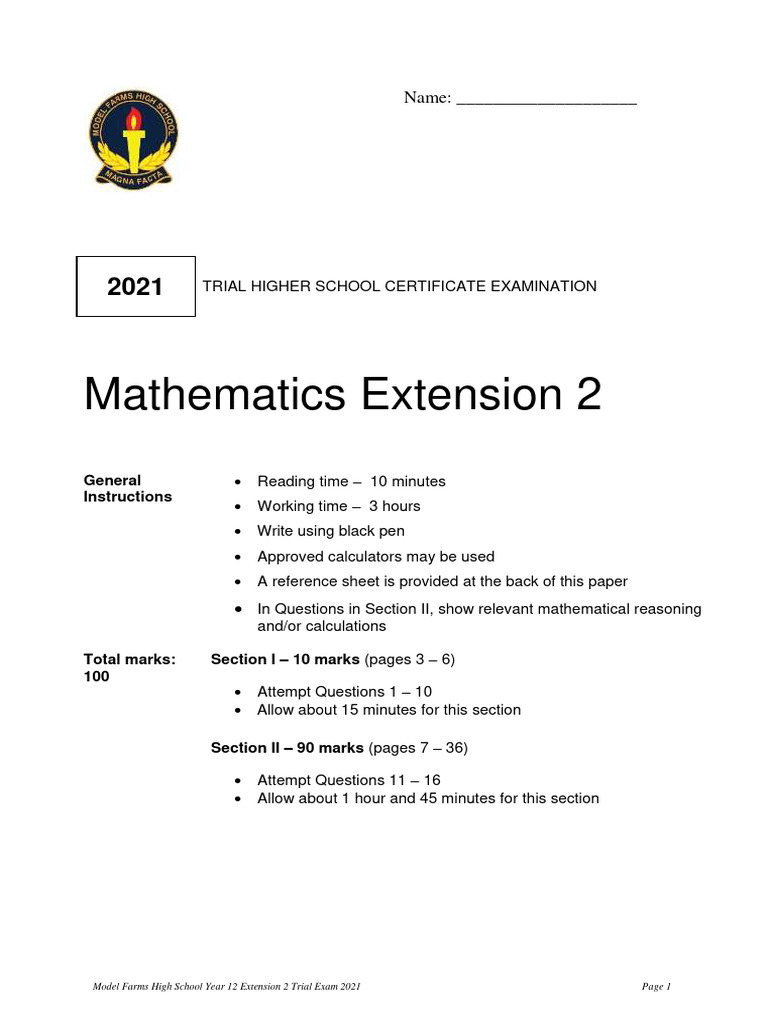 Year 12 Extension 2 Math Trial Exam 2021 | PDF | Mathematical Objects ...