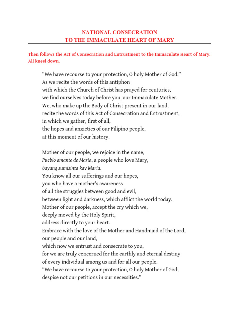 Act of Consecration To The Immaculate Heart of Mary (English and ...