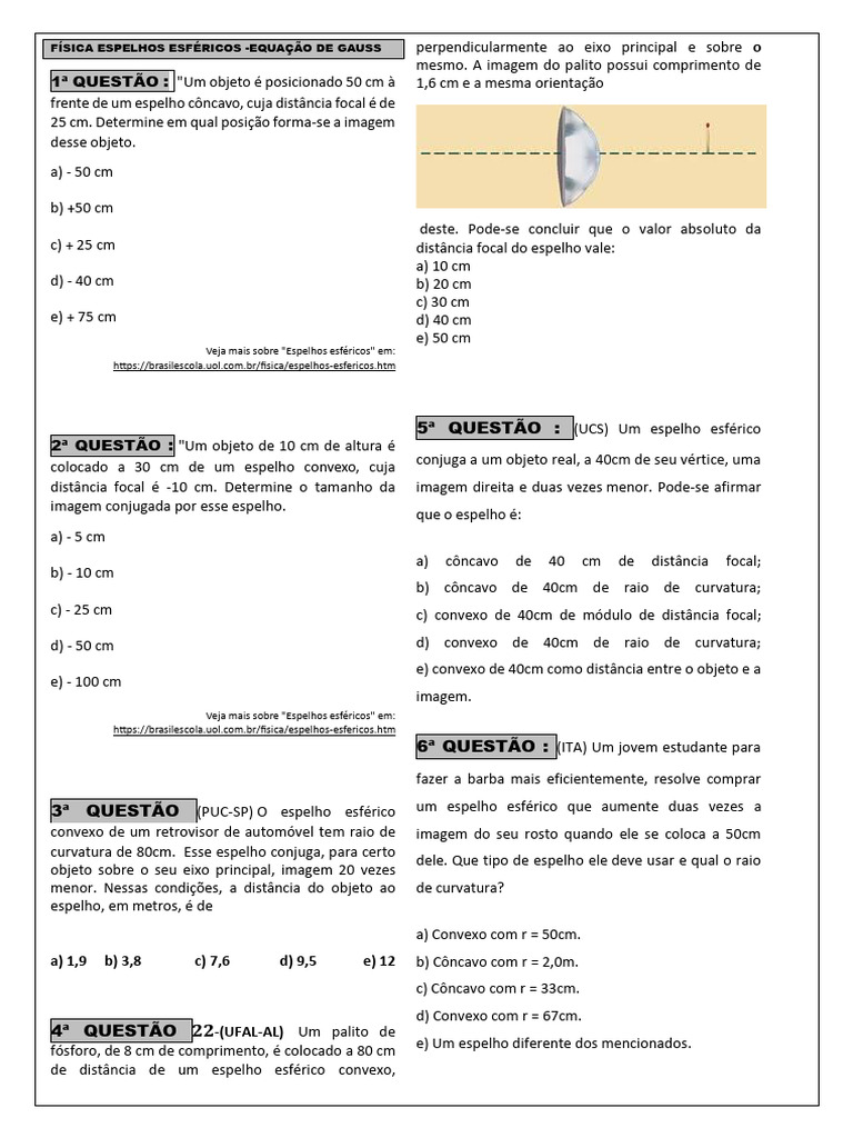 Exercícios sobre Equação de Gauss em Espelhos | PDF | Espelho ...