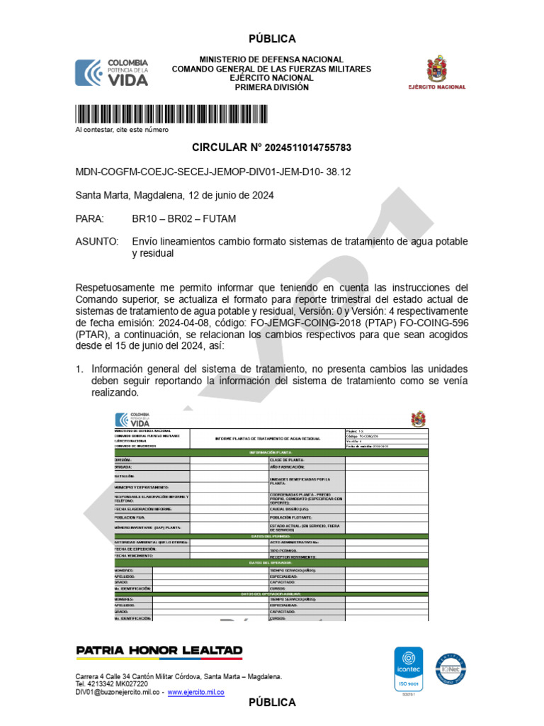 CIRCULAR - Elaboracion Nuevo Formato PTAP - PTAR | PDF | Agua