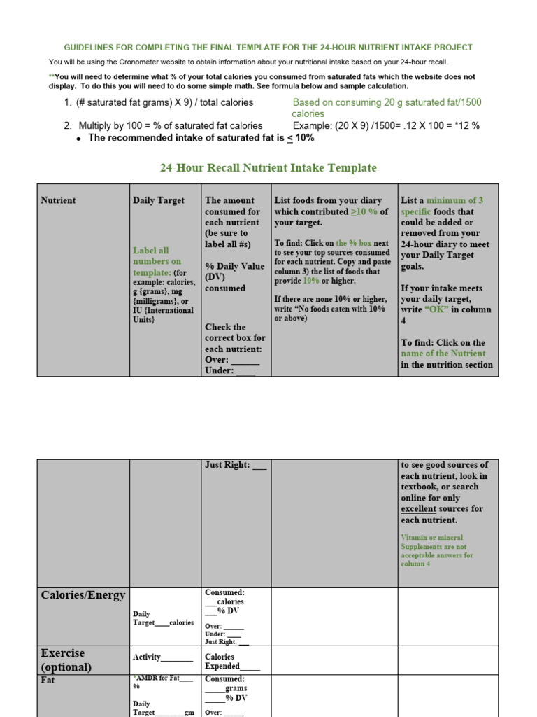 Template for 24 hour Diet Recall Nutrient Analysis (1) Download Free