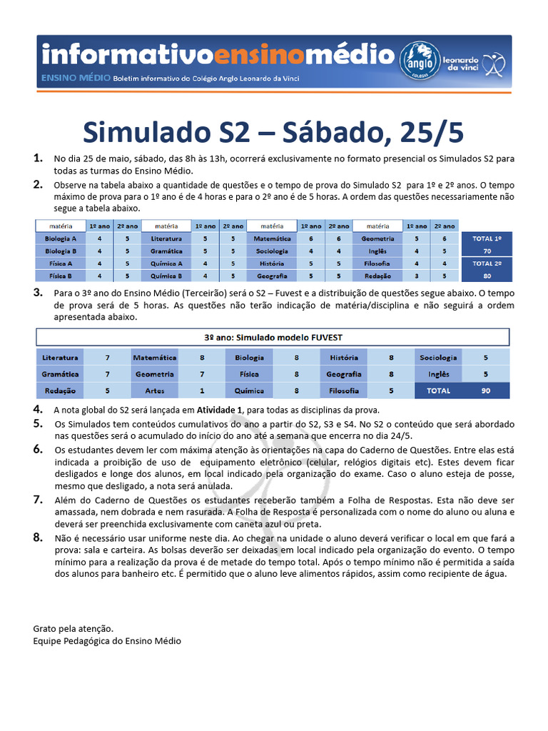 Simulado S2 do Ensino Médio: Detalhes e Regras | PDF
