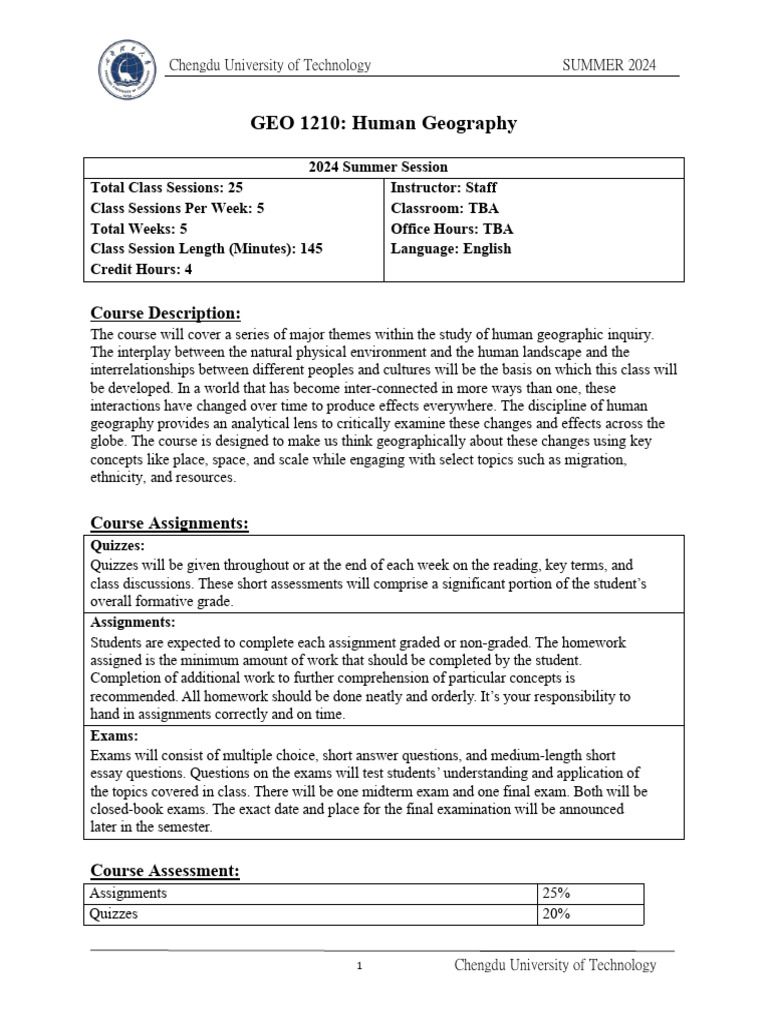 GEO 1210 - Human Geography | PDF | Geography | Educational Assessment ...