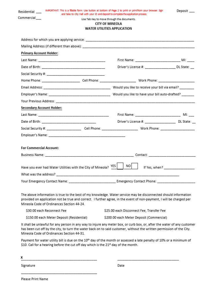 Water Service Agreement and Application Printable Online Versionpdf ...