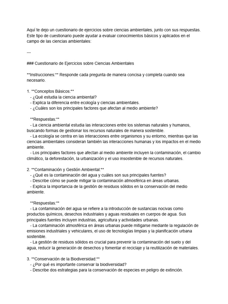 Cuestionario sobre Ciencias Ambientales | PDF | Entorno natural ...