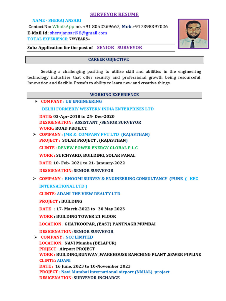 Senior Surveyor Resume - Sheraj Ansari | PDF | Surveying | Geographical ...