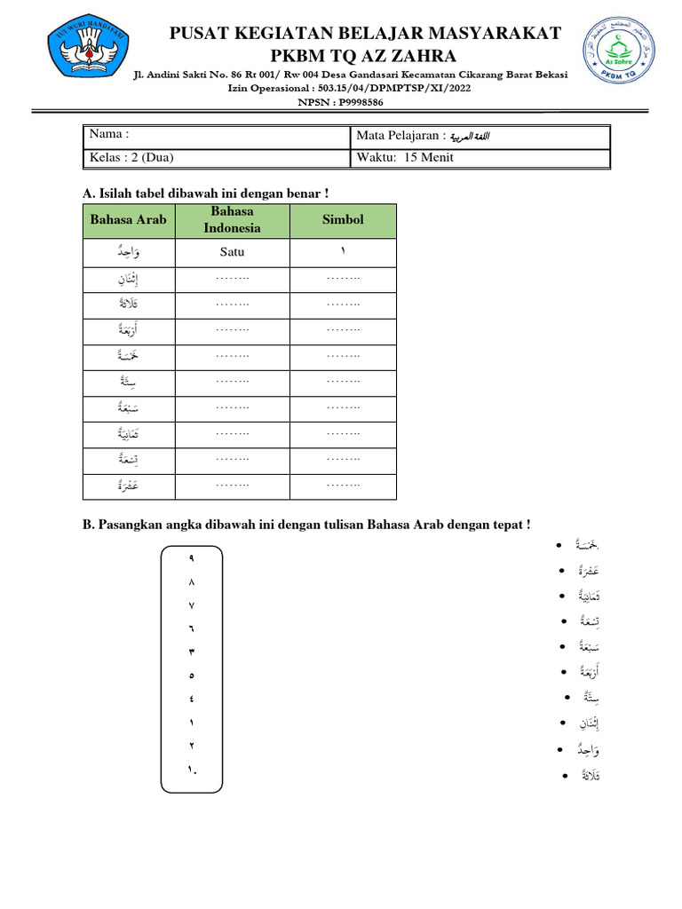 Belajar Bahasa Arab Kelas 2 PKBM TQ Az Zahra | PDF