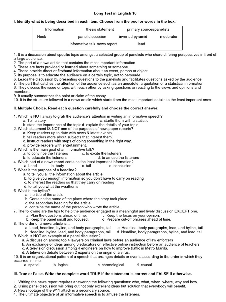 Long Test in English 10 News Informative Panel | PDF | News | Question