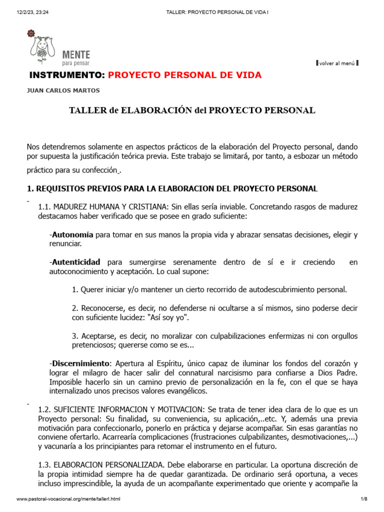 Taller - Proyecto Personal de Vida I | PDF | Sicología | Conceptos ...