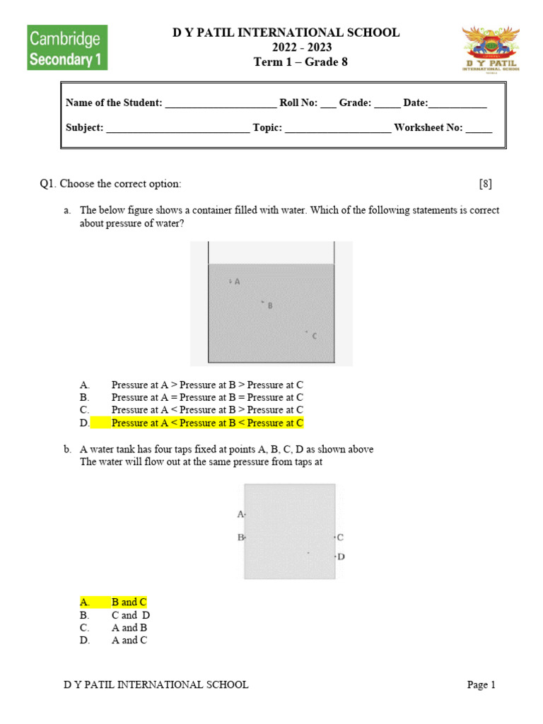 Grade 8 Pressure Worksheet | PDF