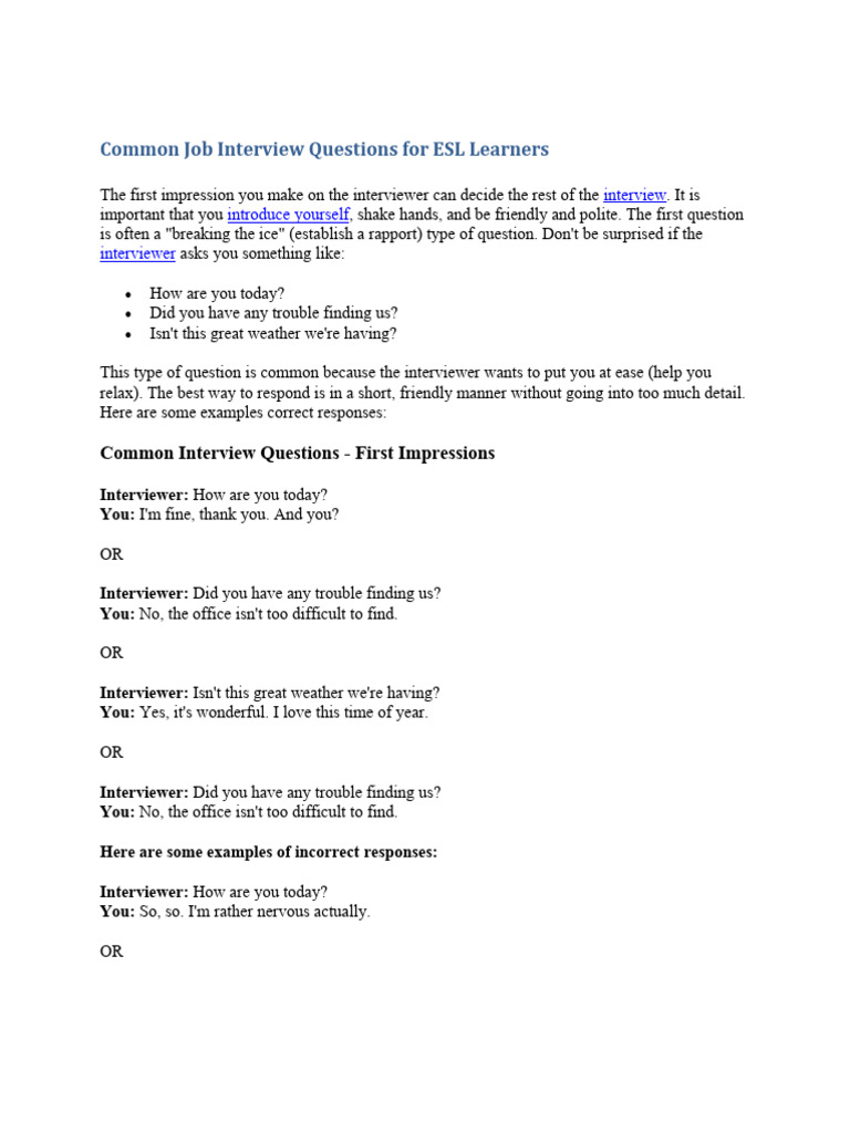 Common Job Interview Questions For Esl Learners