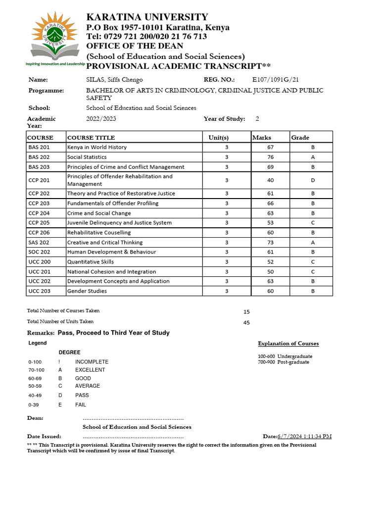 Provisional Academic Transcript - Karatina University | PDF | Crimes ...