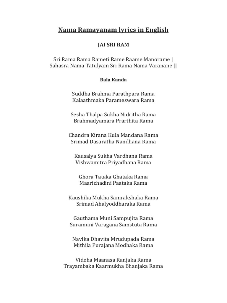 English Lyrics of Nama Ramayanam | PDF | Ramayana | Rama