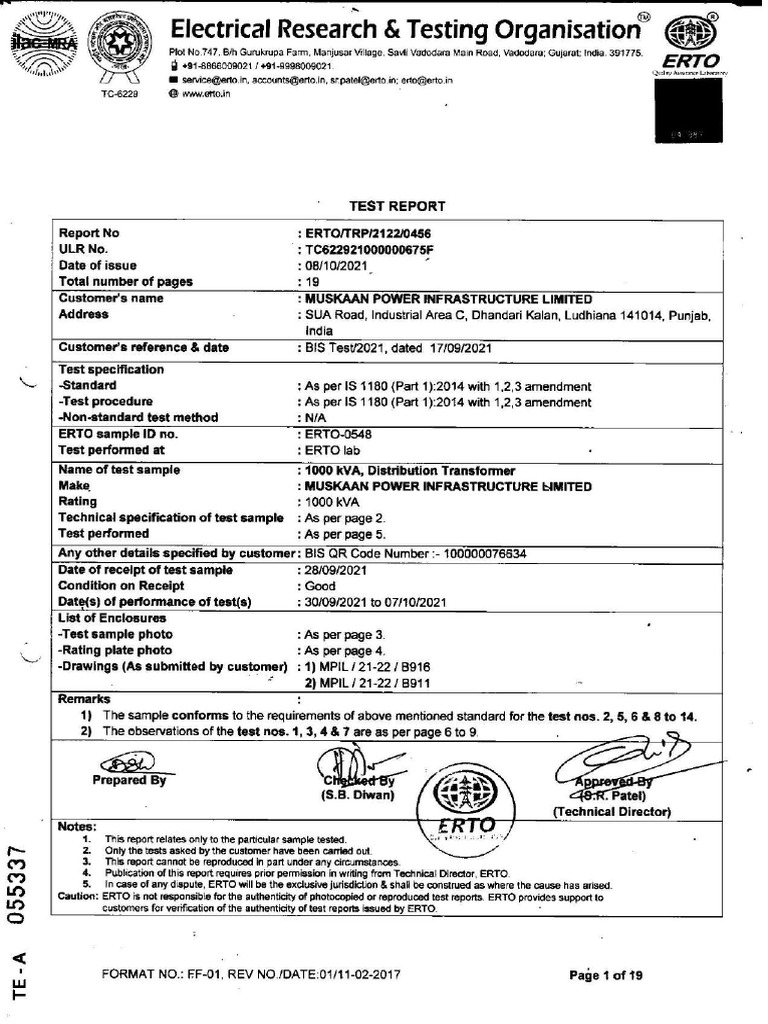 Type test report 1000 kva mpil pdf