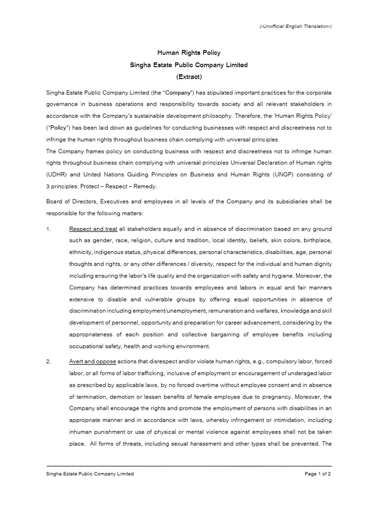 Singha Estate Human Rights Policy Overview | PDF | Employment | Human ...