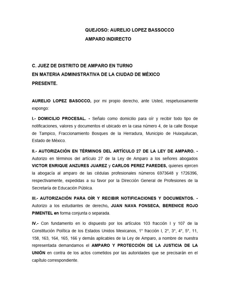 Amparo Indirecto de Aurelio López Basso | PDF | Mandato | Derecho ...