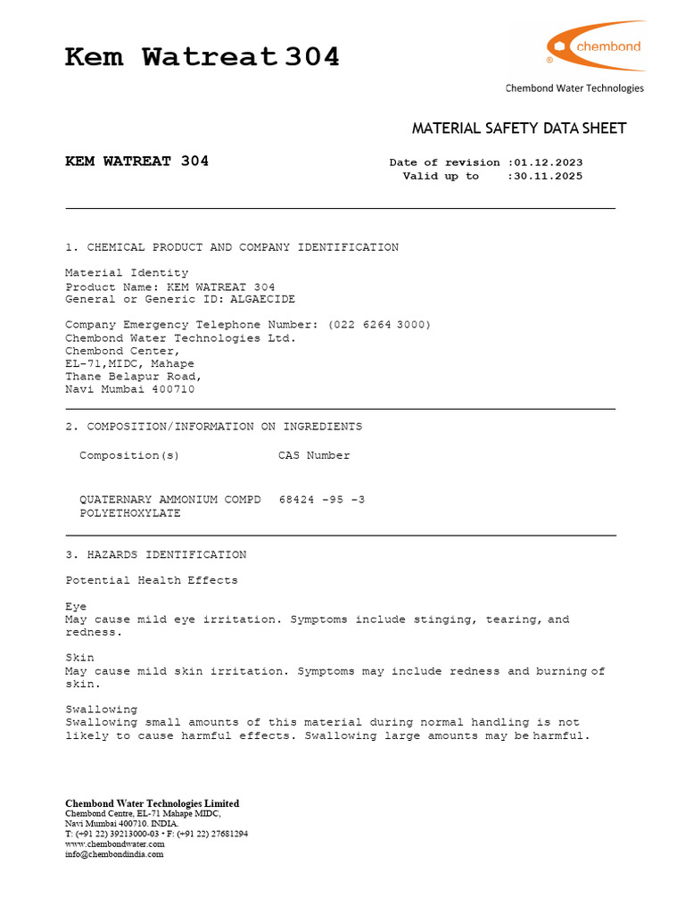 Kem Watreat 304 MSDS | PDF | Personal Protective Equipment | Firefighting