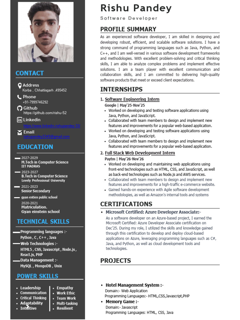 Rishu Pandey: Software Developer Profile | PDF | Java Script | Web ...