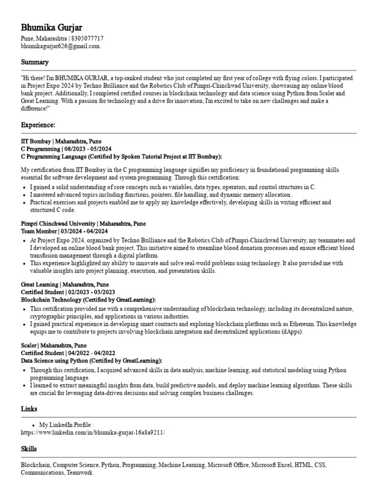 Bhumika Gurjar: Tech Innovator & Student | PDF | Data Science ...